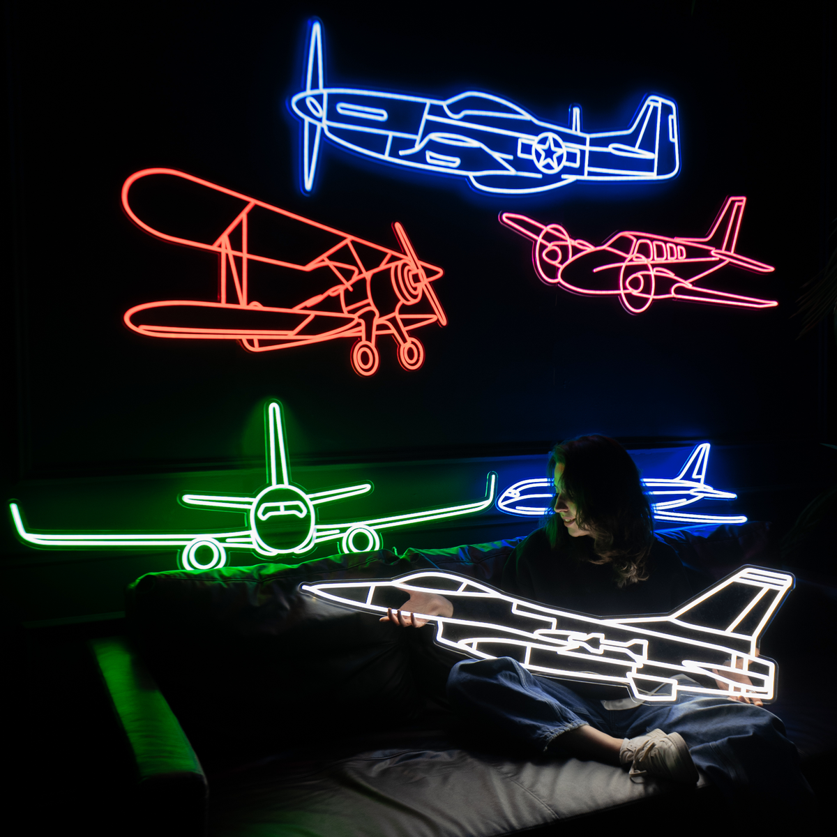 P-51 Mustang Neon Silhouette